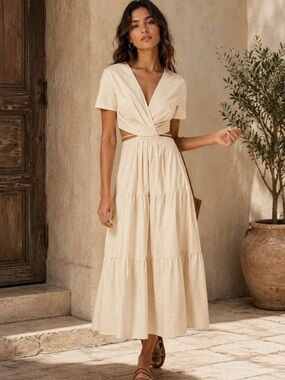 Women's Cream Tiered Maxi Dress with V-Neck and Cutouts